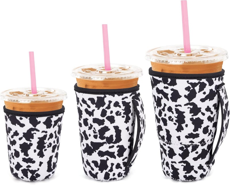 Snowso 3 Pack Iced Coffee sleeve Insulated Neoprene Cup Sleeves with handle For Cold Drinks Beverages, Reusable Cup Holder for 16oz-32oz Coffee Cups (Cow Print) - Image 1